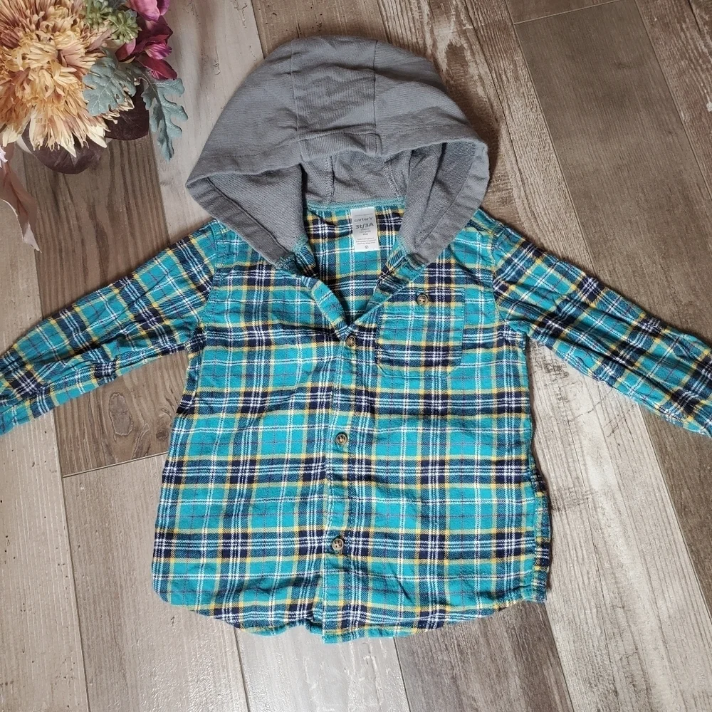 Carter's Toddler Boy Hooded Button Down Cotton Flannel Shirt Top Size 3T EUC